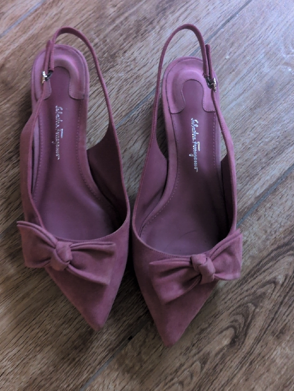 Salvatore Ferragamo Dusty Rose Suede Bow Slingback Flats